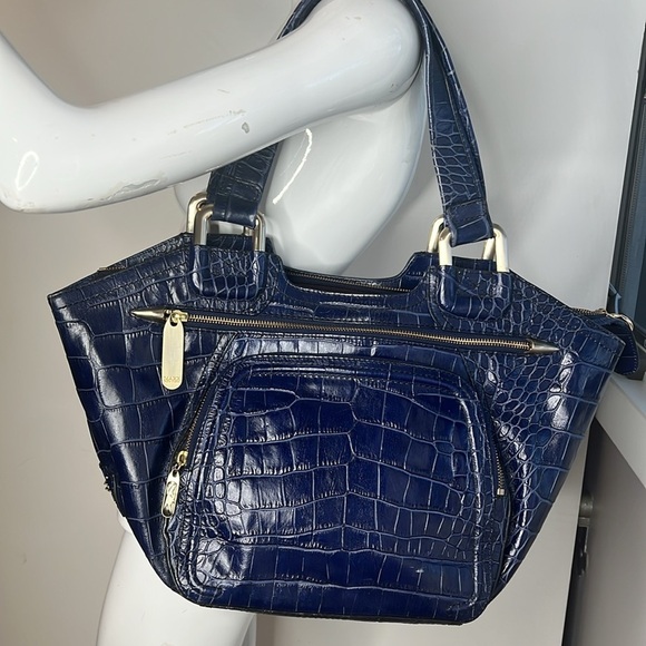 Maxx Navy Blue Croc Embossed Leather Tote Shoulder Bag Multiple Compartments - Picture 2 of 14